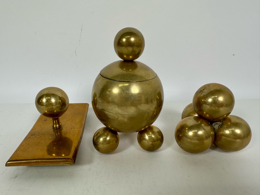 Rare Gusums Bruk Scandinavian Early 20th Century Deskware Set With Inkwell 5H And Heavy Paperweight - 3 Pieces [Photo 5]