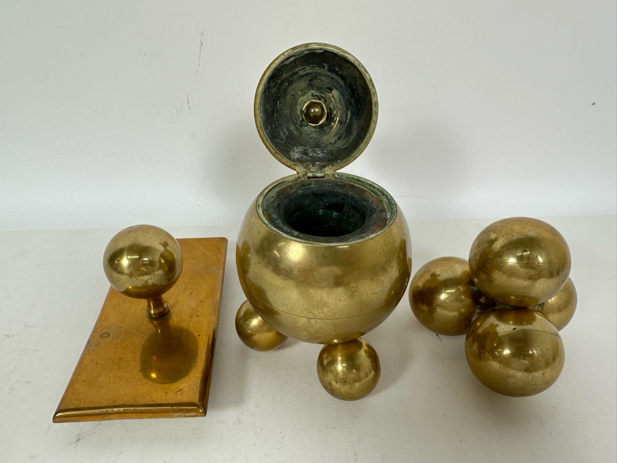Rare Gusums Bruk Scandinavian Early 20th Century Deskware Set With Inkwell 5H And Heavy Paperweight - 3 Pieces [Photo 6]