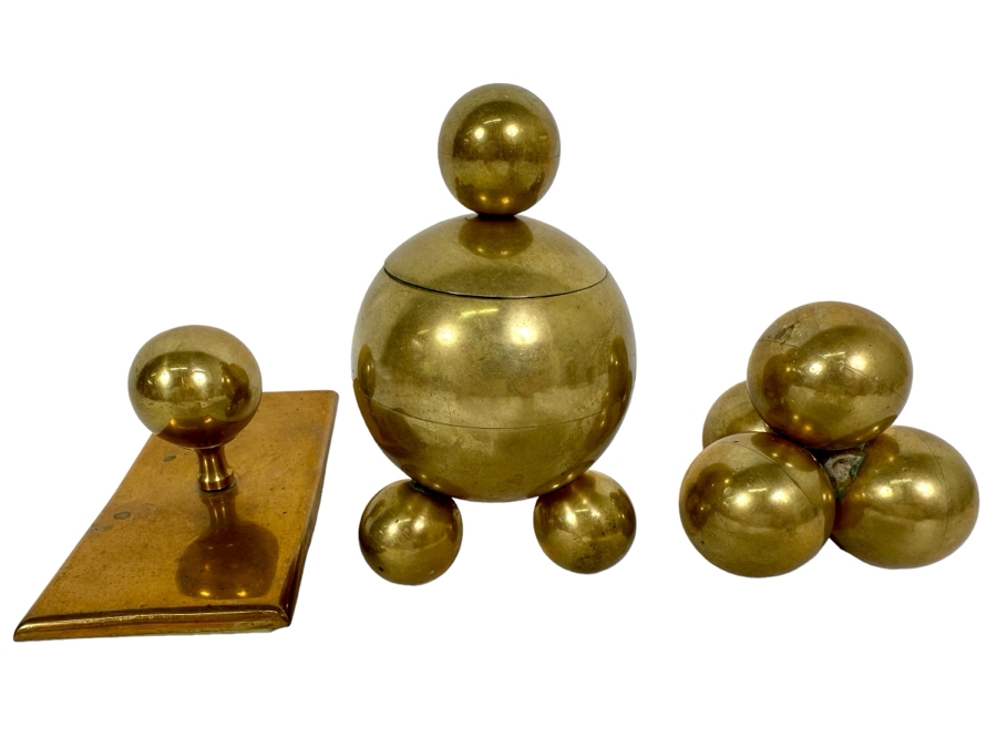 Rare Gusums Bruk Scandinavian Early 20th Century Deskware Set With Inkwell 5H And Heavy Paperweight - 3 Pieces