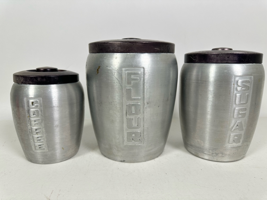 Vintage Art Deco Machine Aluminum Flour, Sugar And Coffee Jars [Photo 4]