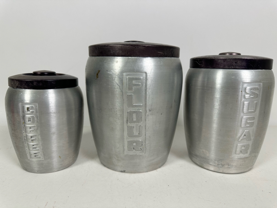 Vintage Art Deco Machine Aluminum Flour, Sugar And Coffee Jars [Photo 3]