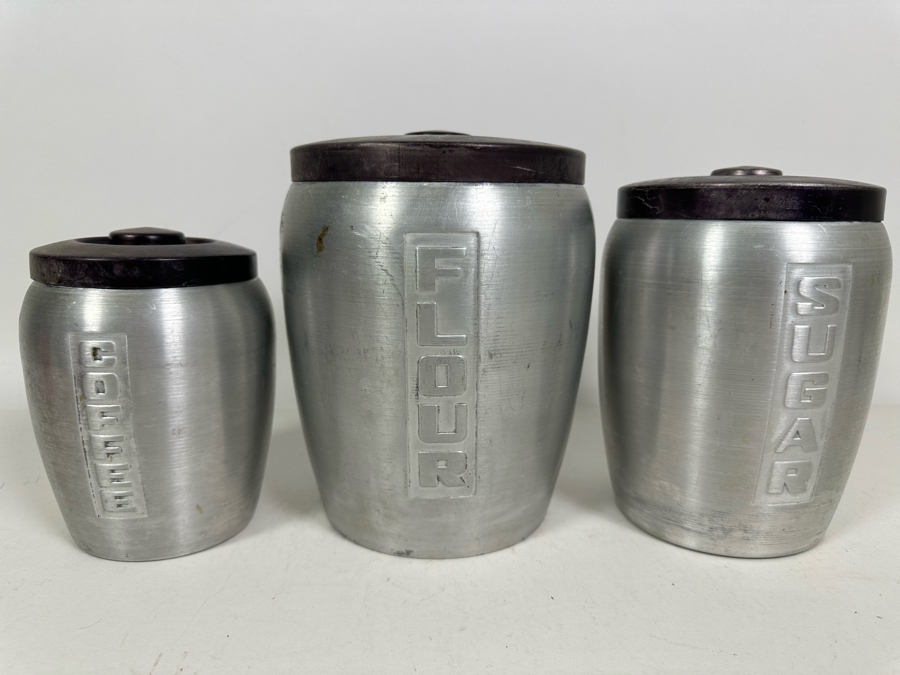 Vintage Art Deco Machine Aluminum Flour, Sugar And Coffee Jars [Photo 2]