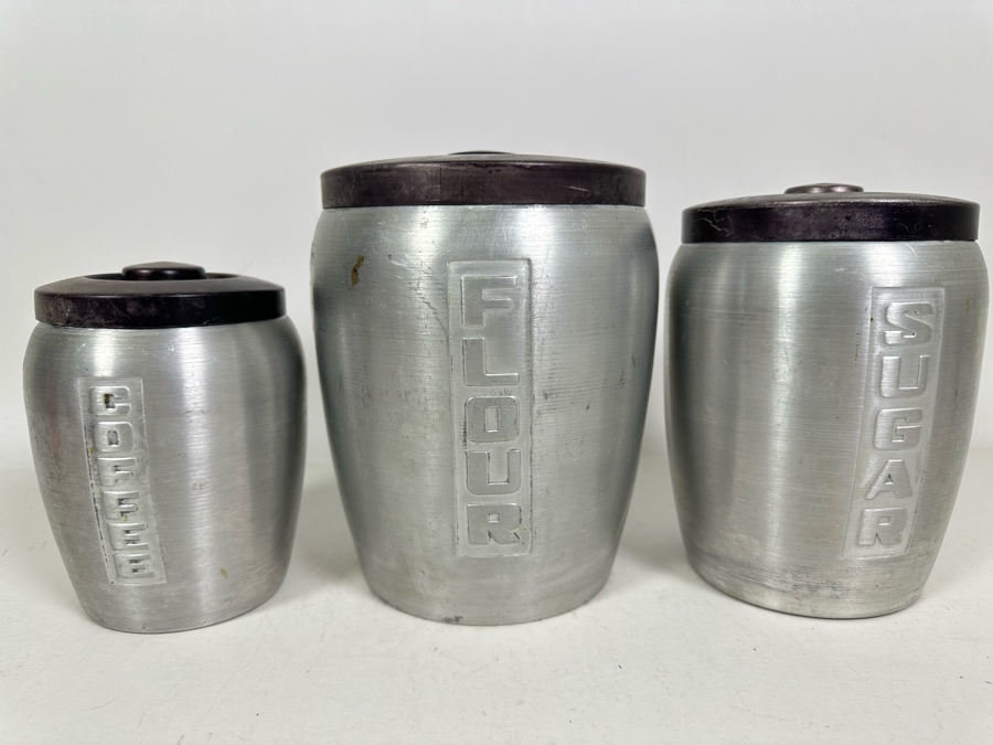 Vintage Art Deco Machine Aluminum Flour, Sugar And Coffee Jars [Photo 5]