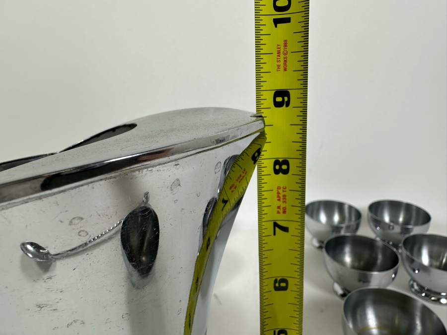 Rare Vintage Art Deco Machine Age Cocktail Mixer By Chase 9H With Spoon And Twelve Chase Footed Barware Cups 2.75W X 2H [Photo 14]