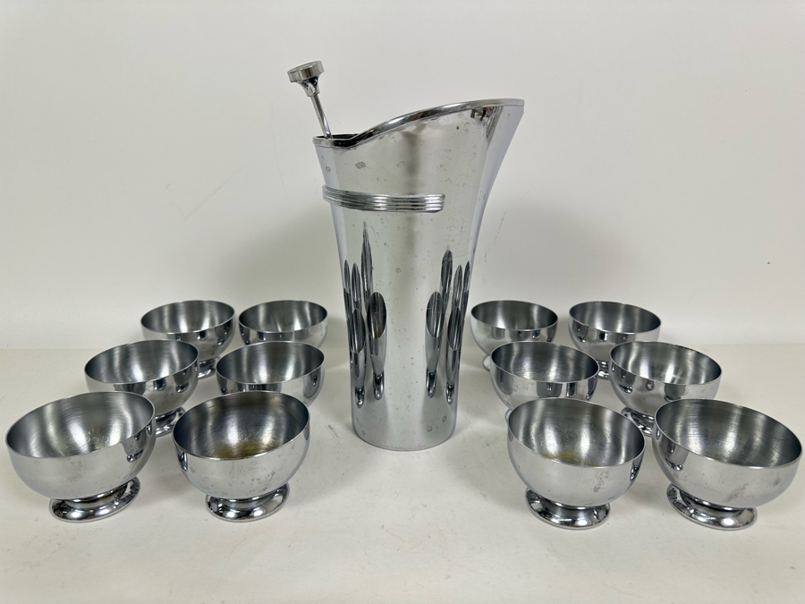 Rare Vintage Art Deco Machine Age Cocktail Mixer By Chase 9H With Spoon And Twelve Chase Footed Barware Cups 2.75W X 2H [Photo 3]
