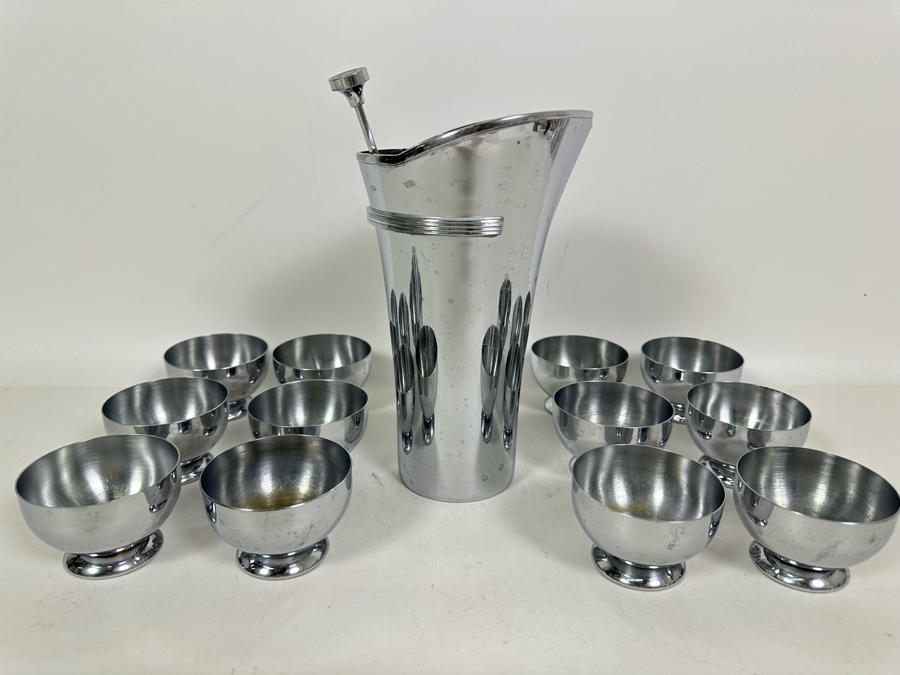 Rare Vintage Art Deco Machine Age Cocktail Mixer By Chase 9H With Spoon And Twelve Chase Footed Barware Cups 2.75W X 2H [Photo 2]