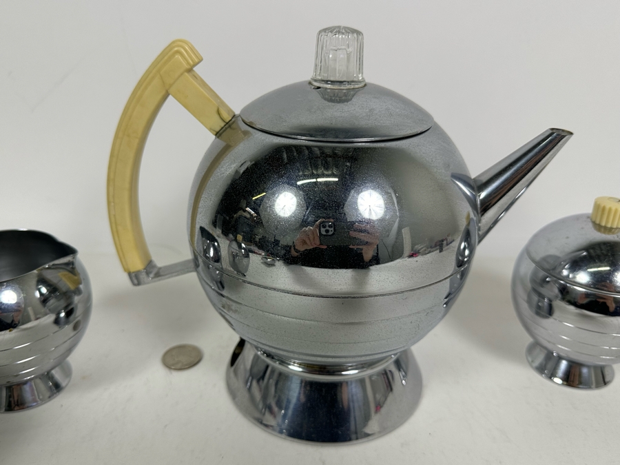 Rare Vintage Art Deco Machine Age Coffee Percolator 1936 Designed By Walter Von Nessen 8.5H With Matching Creamer And Pair Of Sugar (Missing Power Cord)  [Photo 11]