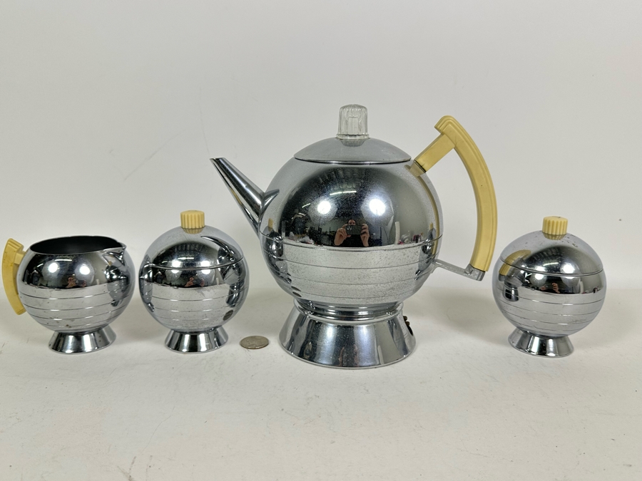 Rare Vintage Art Deco Machine Age Coffee Percolator 1936 Designed By Walter Von Nessen 8.5H With Matching Creamer And Pair Of Sugar (Missing Power Cord)  [Photo 2]