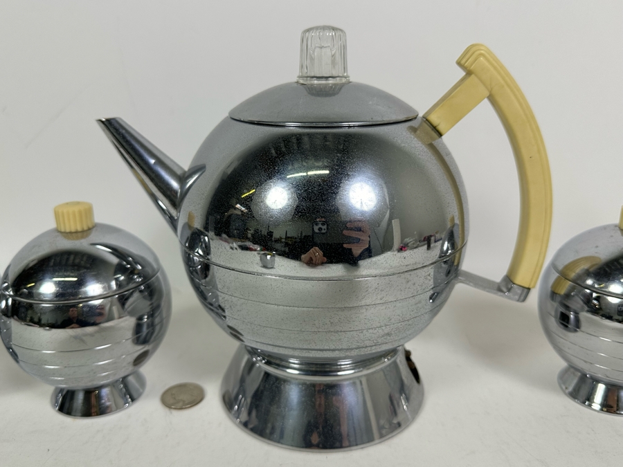 Rare Vintage Art Deco Machine Age Coffee Percolator 1936 Designed By Walter Von Nessen 8.5H With Matching Creamer And Pair Of Sugar (Missing Power Cord)  [Photo 4]