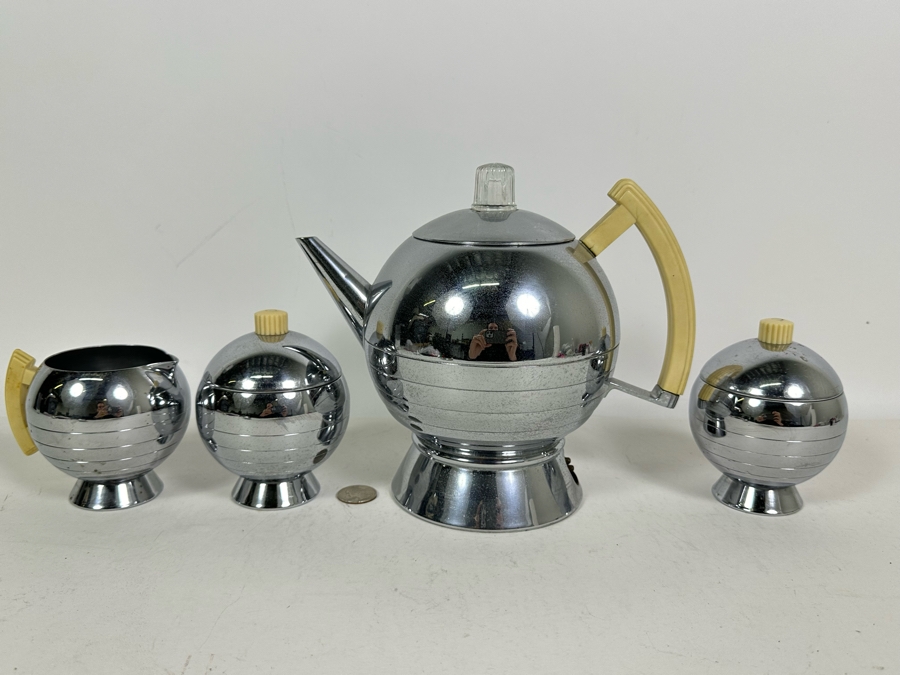 Rare Vintage Art Deco Machine Age Coffee Percolator 1936 Designed By Walter Von Nessen 8.5H With Matching Creamer And Pair Of Sugar (Missing Power Cord)  [Photo 3]