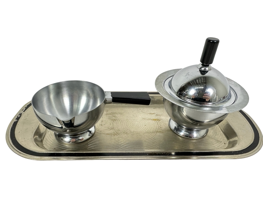 Vintage Art Deco Breakfast Set Spherical 'Saturn Ring' Design Sugar And Creamer With Black Handles And Tray By Chase 11.25 X 5