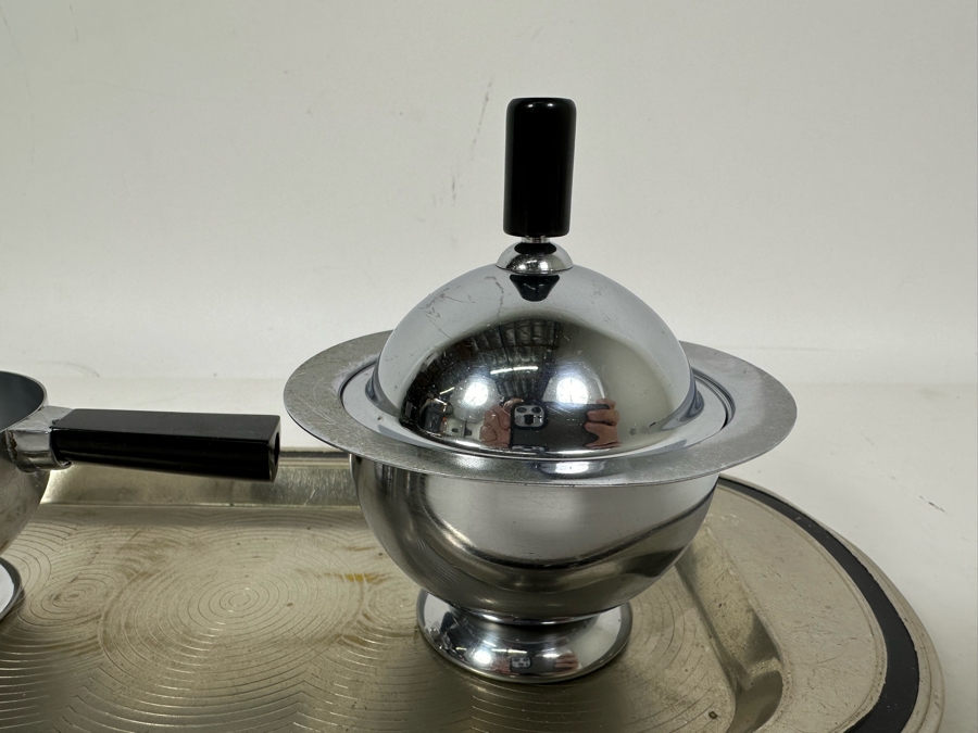Vintage Art Deco Breakfast Set Spherical 'Saturn Ring' Design Sugar And Creamer With Black Handles And Tray By Chase 11.25 X 5 [Photo 6]