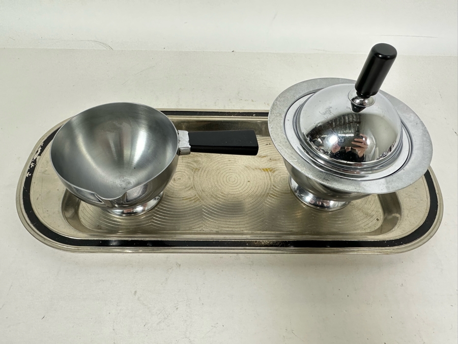 Vintage Art Deco Breakfast Set Spherical 'Saturn Ring' Design Sugar And Creamer With Black Handles And Tray By Chase 11.25 X 5 [Photo 4]