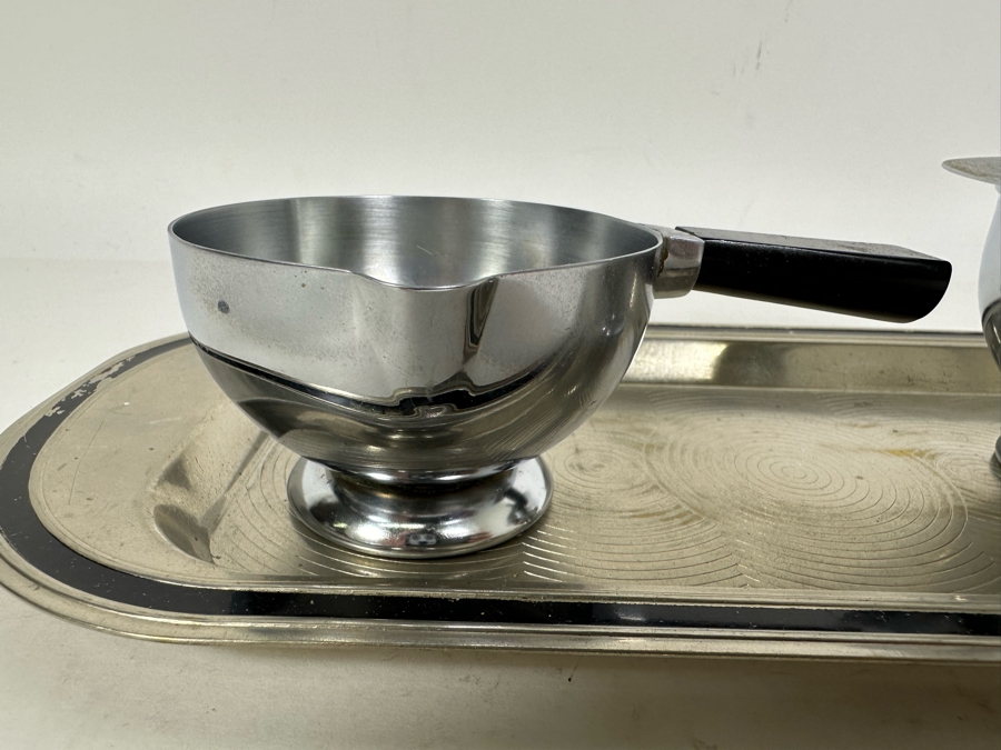 Vintage Art Deco Breakfast Set Spherical 'Saturn Ring' Design Sugar And Creamer With Black Handles And Tray By Chase 11.25 X 5 [Photo 5]