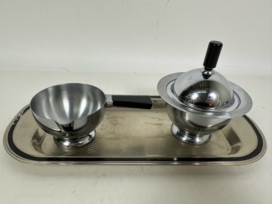 Vintage Art Deco Breakfast Set Spherical 'Saturn Ring' Design Sugar And Creamer With Black Handles And Tray By Chase 11.25 X 5 [Photo 3]