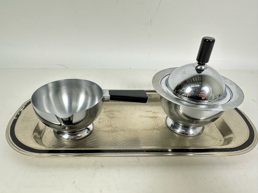 Vintage Art Deco Breakfast Set Spherical 'Saturn Ring' Design Sugar And Creamer With Black Handles And Tray By Chase 11.25 X 5 [Photo 2]
