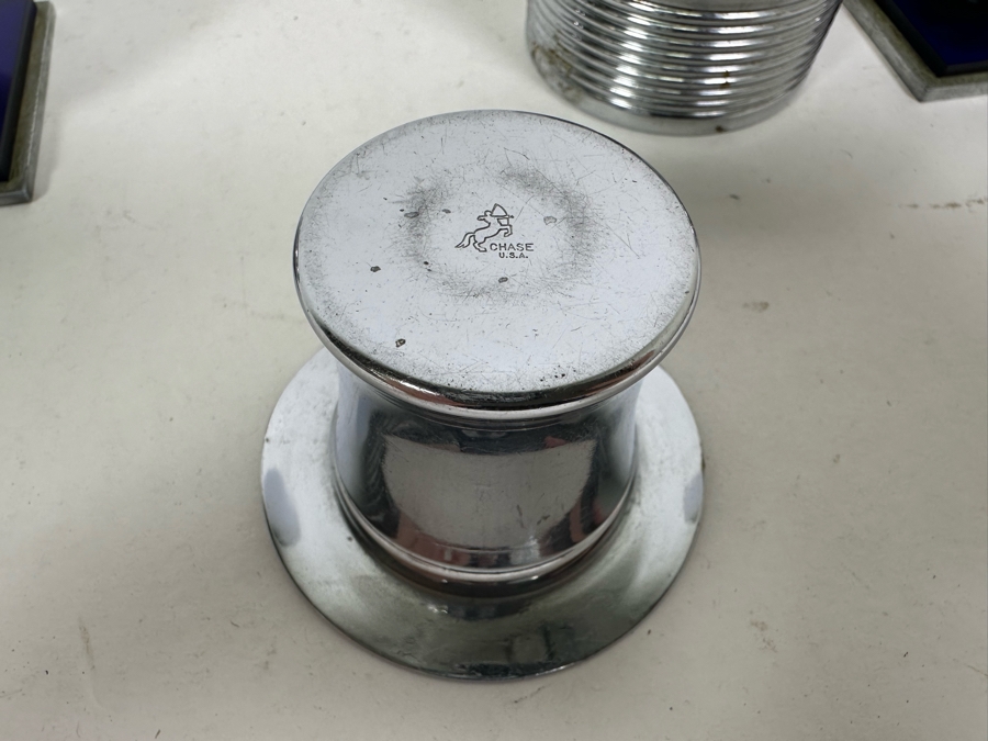 Collection Of Vintage Art Deco Chase Items Including A Pair Of Candleholders By Chase, Salt Shaker By Chase And Top Hat Shot Glass By Chase [Photo 10]