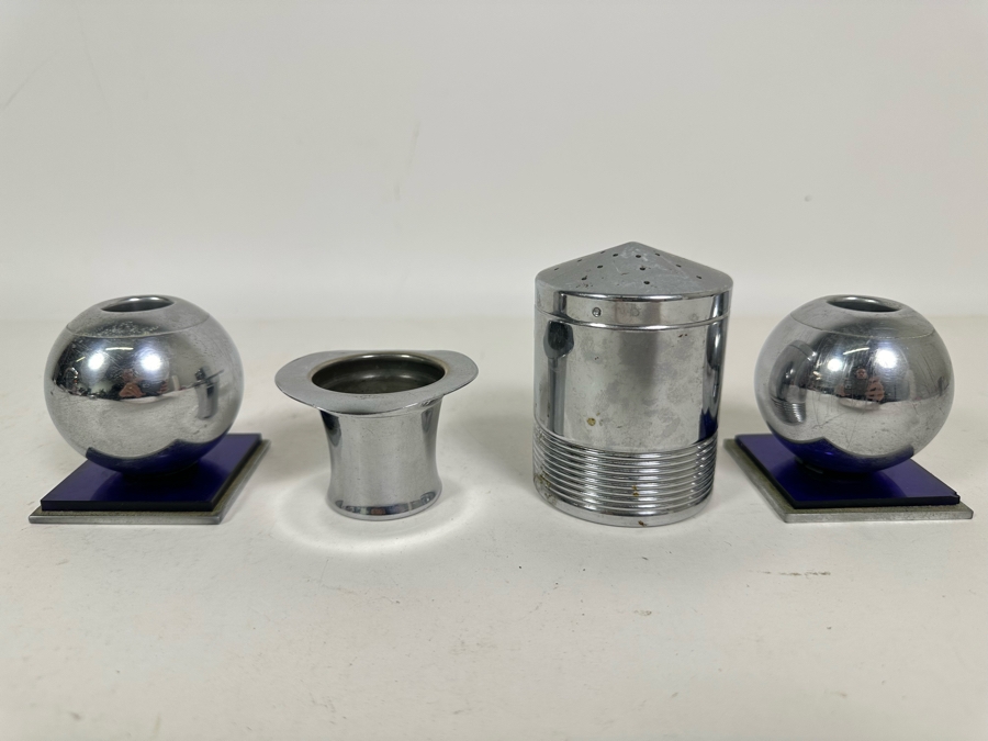 Collection Of Vintage Art Deco Chase Items Including A Pair Of Candleholders By Chase, Salt Shaker By Chase And Top Hat Shot Glass By Chase [Photo 3]