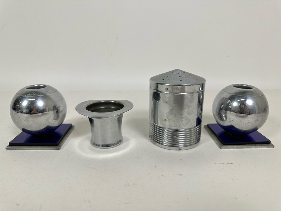 Collection Of Vintage Art Deco Chase Items Including A Pair Of Candleholders By Chase, Salt Shaker By Chase And Top Hat Shot Glass By Chase [Photo 2]