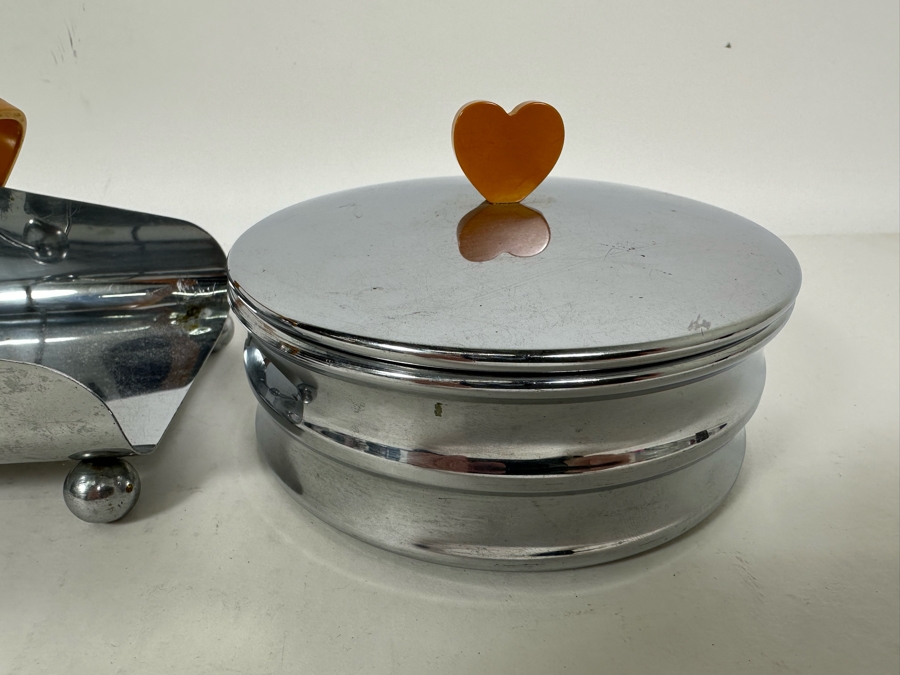 Collection Of Vintage Art Deco Chase Items Including Walter Von Nessen (1889-1943) Butter Dish With Lid For Chase, Spherical Saturn Ring Sugar By Chase, Ball Footed Napkin Holder By Chase And Lidded Box By Chase [Photo 4]