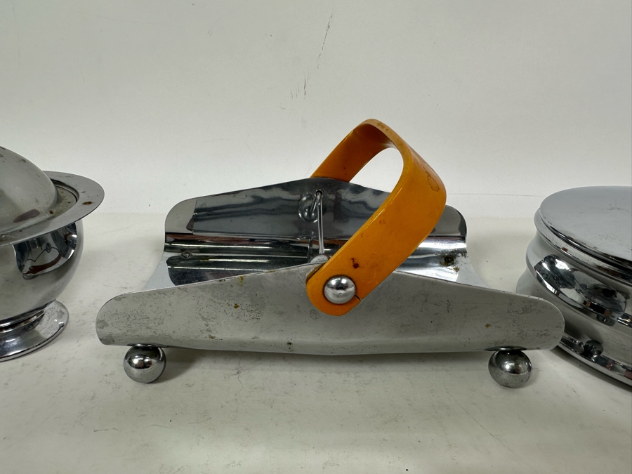 Collection Of Vintage Art Deco Chase Items Including Walter Von Nessen (1889-1943) Butter Dish With Lid For Chase, Spherical Saturn Ring Sugar By Chase, Ball Footed Napkin Holder By Chase And Lidded Box By Chase [Photo 8]