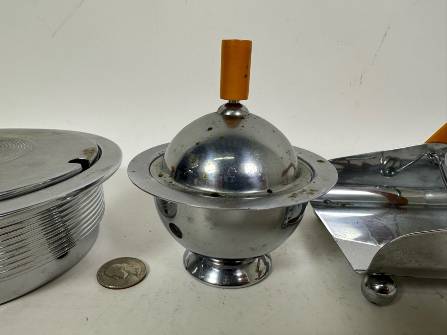 Collection Of Vintage Art Deco Chase Items Including Walter Von Nessen (1889-1943) Butter Dish With Lid For Chase, Spherical Saturn Ring Sugar By Chase, Ball Footed Napkin Holder By Chase And Lidded Box By Chase [Photo 7]