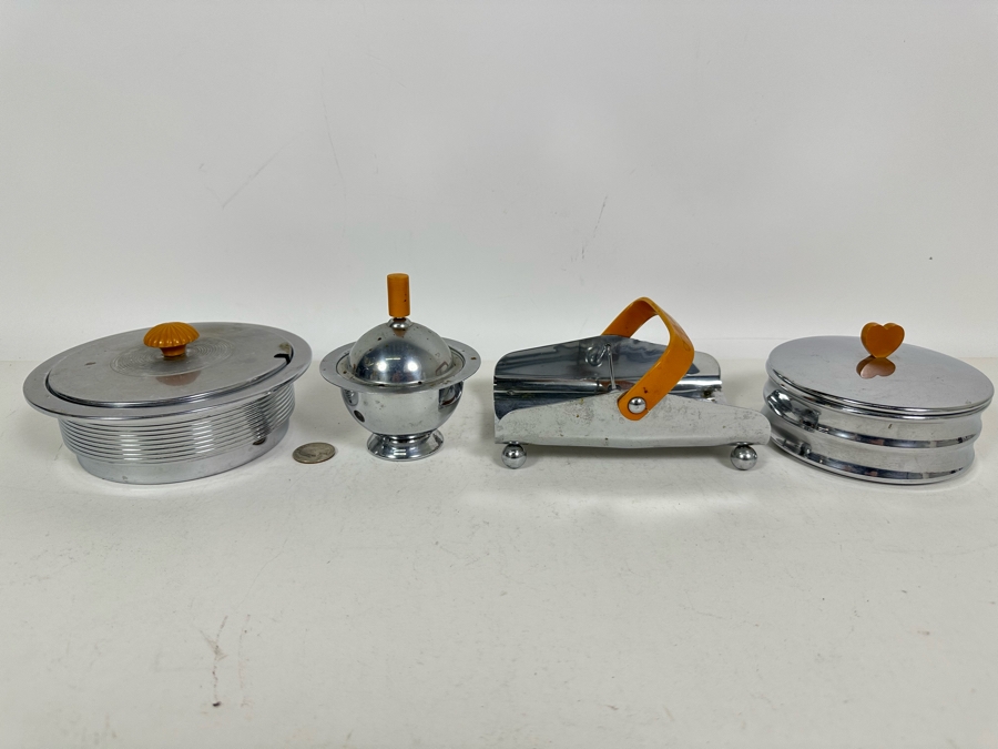 Collection Of Vintage Art Deco Chase Items Including Walter Von Nessen (1889-1943) Butter Dish With Lid For Chase, Spherical Saturn Ring Sugar By Chase, Ball Footed Napkin Holder By Chase And Lidded Box By Chase [Photo 2]