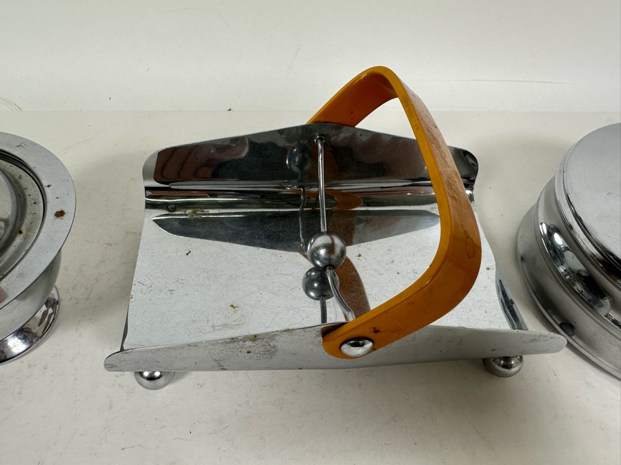 Collection Of Vintage Art Deco Chase Items Including Walter Von Nessen (1889-1943) Butter Dish With Lid For Chase, Spherical Saturn Ring Sugar By Chase, Ball Footed Napkin Holder By Chase And Lidded Box By Chase [Photo 9]