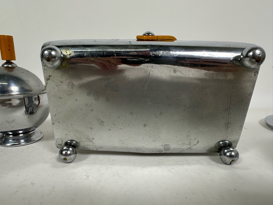 Collection Of Vintage Art Deco Chase Items Including Walter Von Nessen (1889-1943) Butter Dish With Lid For Chase, Spherical Saturn Ring Sugar By Chase, Ball Footed Napkin Holder By Chase And Lidded Box By Chase [Photo 12]