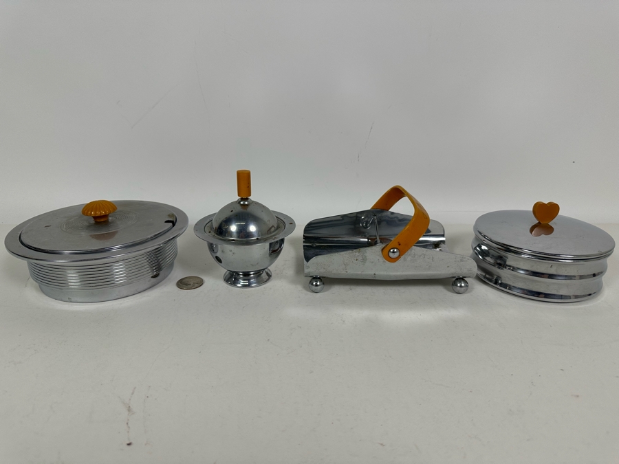 Collection Of Vintage Art Deco Chase Items Including Walter Von Nessen (1889-1943) Butter Dish With Lid For Chase, Spherical Saturn Ring Sugar By Chase, Ball Footed Napkin Holder By Chase And Lidded Box By Chase [Photo 3]