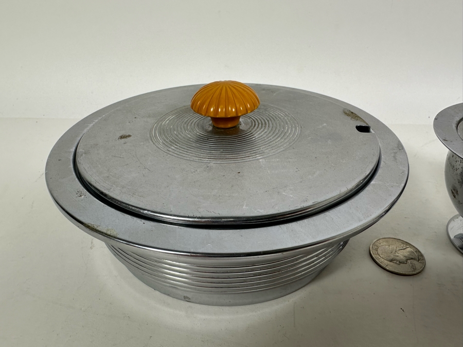 Collection Of Vintage Art Deco Chase Items Including Walter Von Nessen (1889-1943) Butter Dish With Lid For Chase, Spherical Saturn Ring Sugar By Chase, Ball Footed Napkin Holder By Chase And Lidded Box By Chase [Photo 5]