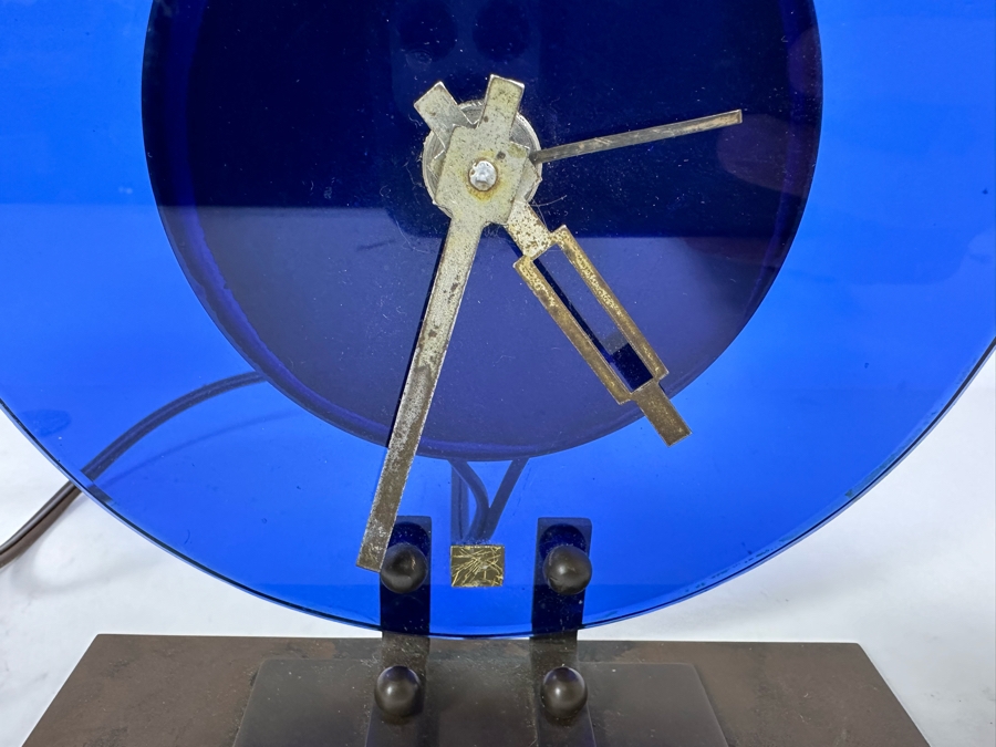 Vintage Art Deco Blue Glass And Metal Table Clock With European 220V Plug Untested 6.5W X 7.5H [Photo 4]