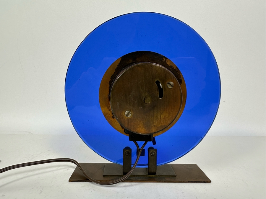 Vintage Art Deco Blue Glass And Metal Table Clock With European 220V Plug Untested 6.5W X 7.5H [Photo 9]
