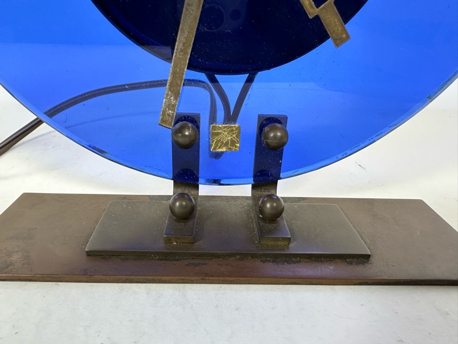 Vintage Art Deco Blue Glass And Metal Table Clock With European 220V Plug Untested 6.5W X 7.5H [Photo 5]