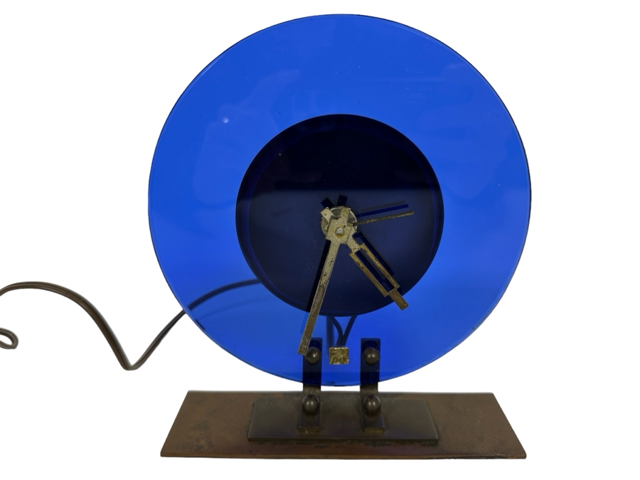 Vintage Art Deco Blue Glass And Metal Table Clock With European 220V Plug Untested 6.5W X 7.5H [Photo 1]