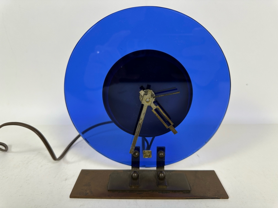 Vintage Art Deco Blue Glass And Metal Table Clock With European 220V Plug Untested 6.5W X 7.5H [Photo 3]