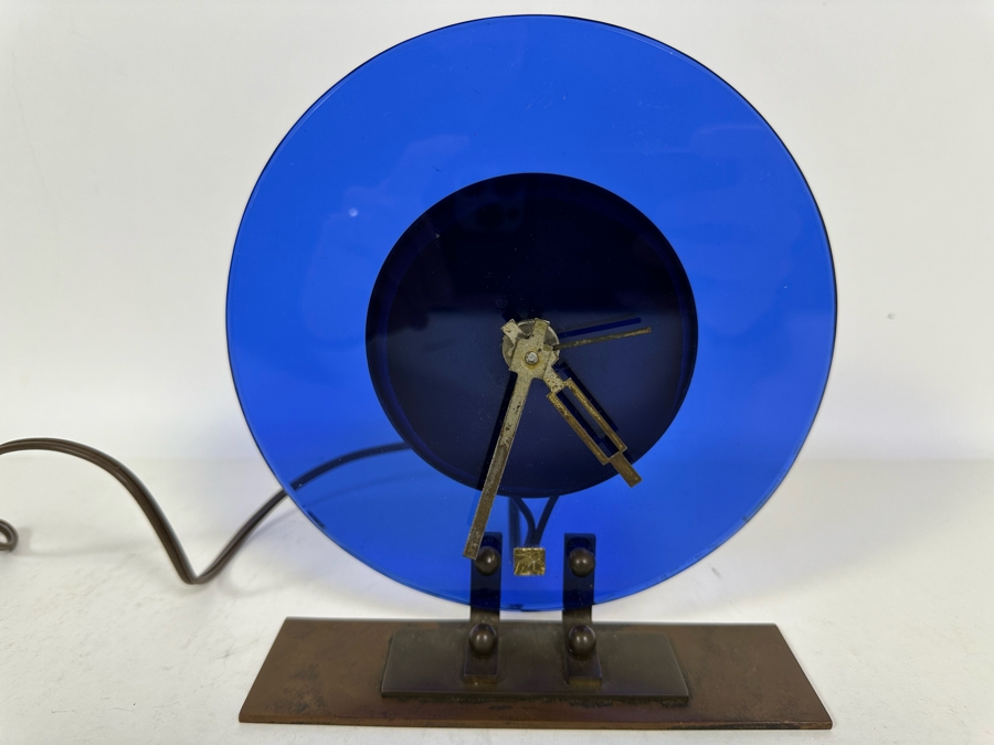 Vintage Art Deco Blue Glass And Metal Table Clock With European 220V Plug Untested 6.5W X 7.5H [Photo 2]
