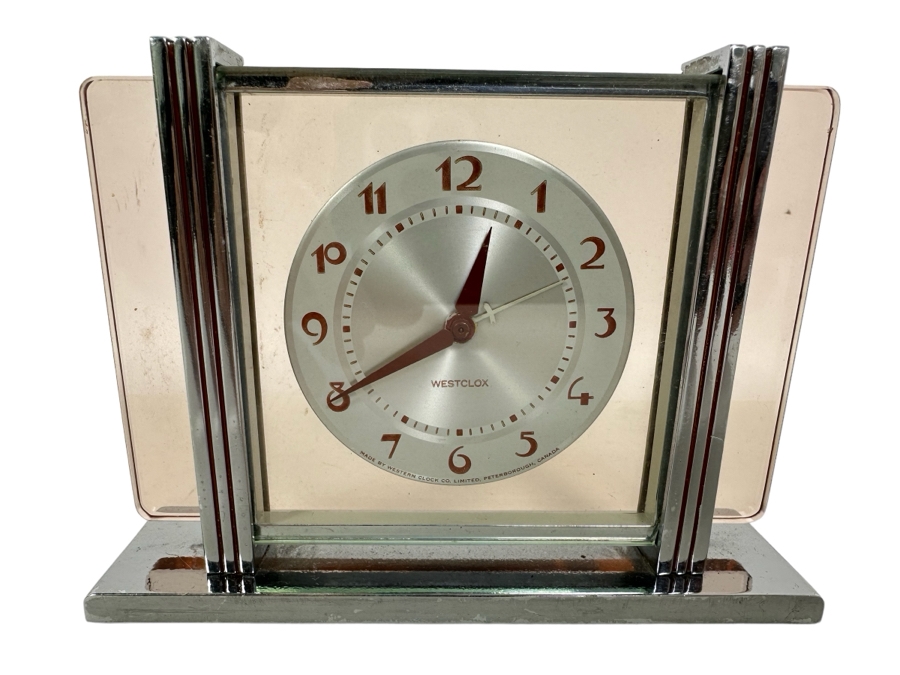Vintage Art Deco Pink Glass And Chrome Desk Clock Working 6W X 1.5D X 4.5H [Photo 1]