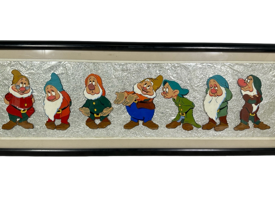 Original Framed Panel Of The Seven Dwarfs From The Disney Movie Snow White Hand Painted On Celluloid Circa 1938 36 X 13