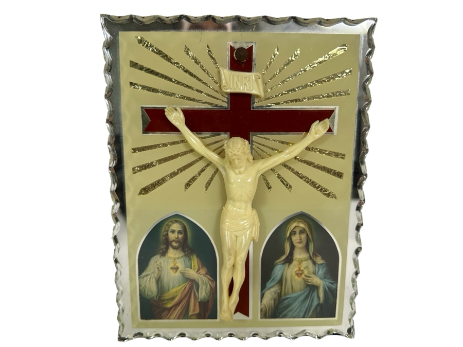 Vintage Mirrored Christ Crucifixion Wall Plaque 7 X 9