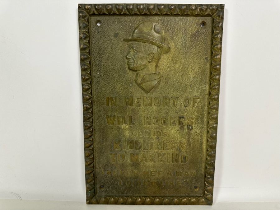 Vintage Heavy Metal Wall Plaque Reads 'In Memory Of Will Rogers And His Kindliness To Mankind - 'I Never Met A Man I Didn't Like'' 7 X 10 [Photo 5]