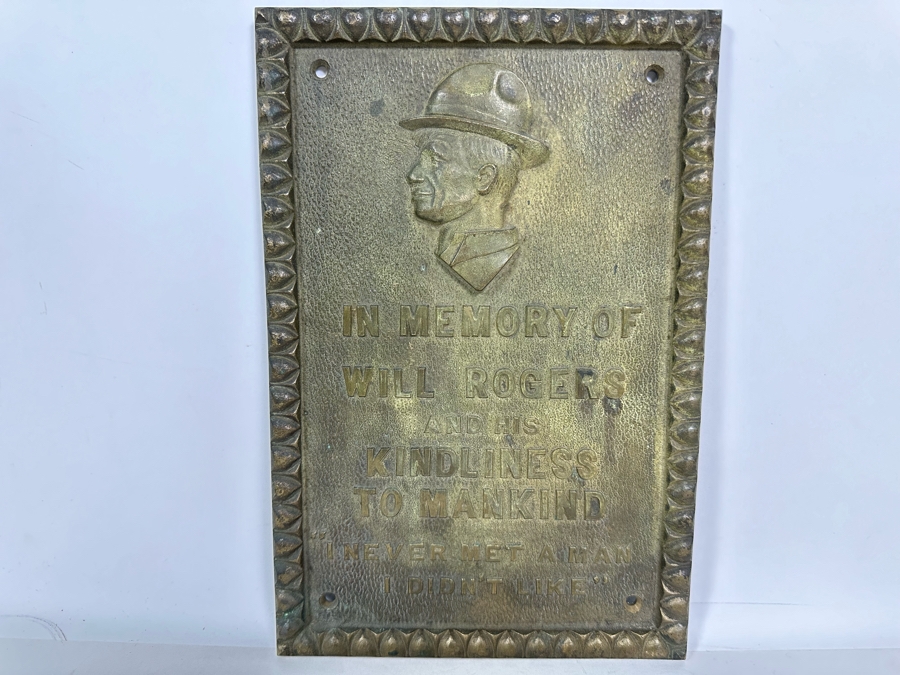 Vintage Heavy Metal Wall Plaque Reads 'In Memory Of Will Rogers And His Kindliness To Mankind - 'I Never Met A Man I Didn't Like'' 7 X 10 [Photo 4]