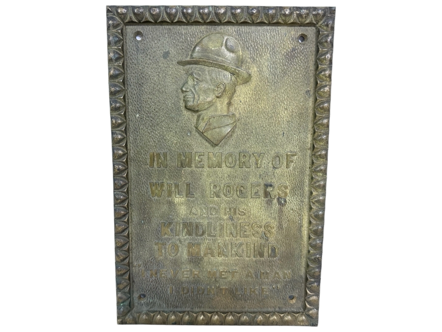 Vintage Heavy Metal Wall Plaque Reads 'In Memory Of Will Rogers And His Kindliness To Mankind - 'I Never Met A Man I Didn't Like'' 7 X 10 [Photo 1]