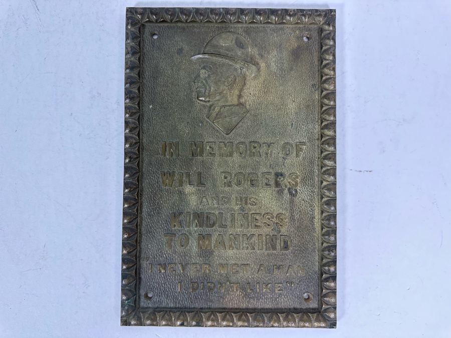 Vintage Heavy Metal Wall Plaque Reads 'In Memory Of Will Rogers And His Kindliness To Mankind - 'I Never Met A Man I Didn't Like'' 7 X 10 [Photo 7]