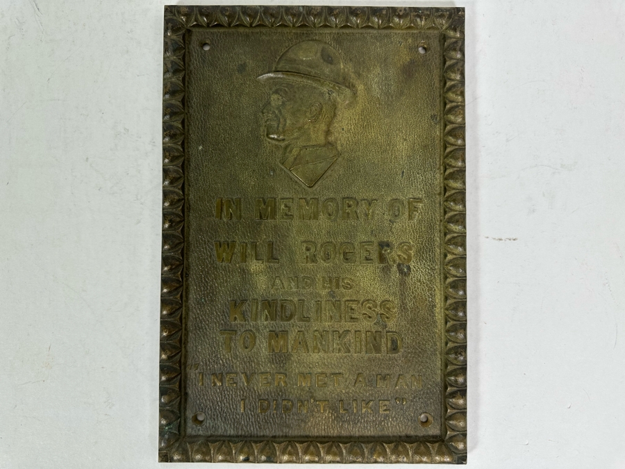 Vintage Heavy Metal Wall Plaque Reads 'In Memory Of Will Rogers And His Kindliness To Mankind - 'I Never Met A Man I Didn't Like'' 7 X 10 [Photo 6]