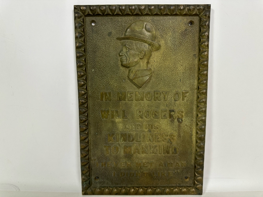 Vintage Heavy Metal Wall Plaque Reads 'In Memory Of Will Rogers And His Kindliness To Mankind - 'I Never Met A Man I Didn't Like'' 7 X 10 [Photo 3]