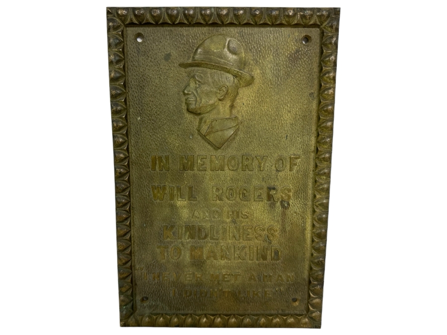 Vintage Heavy Metal Wall Plaque Reads 'In Memory Of Will Rogers And His Kindliness To Mankind - 'I Never Met A Man I Didn't Like'' 7 X 10 [Photo 2]