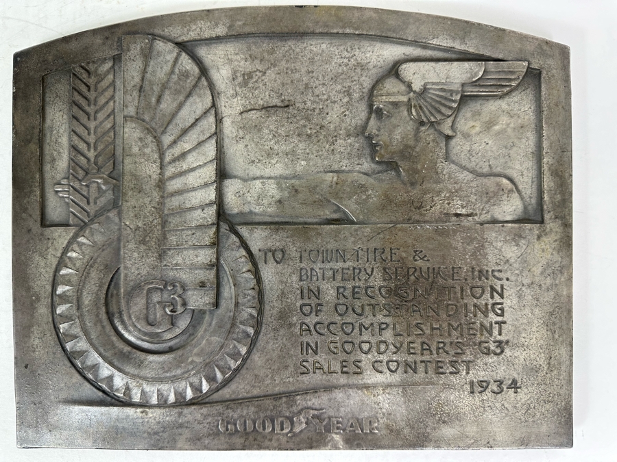 Impressive Vintage Art Deco Goodyear Tire Advertising Metal Wall Plaque To Town Tire & Battery Service, Inc In Recognition Of Goodyear's G3 Sales Contest 1934 11.5 X 9 [Photo 3]