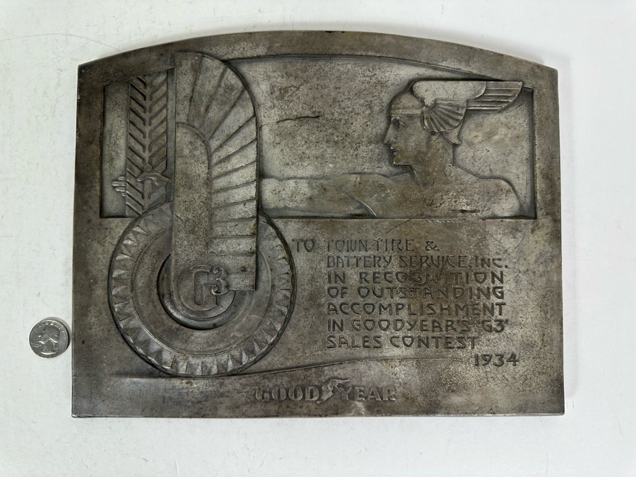 Impressive Vintage Art Deco Goodyear Tire Advertising Metal Wall Plaque To Town Tire & Battery Service, Inc In Recognition Of Goodyear's G3 Sales Contest 1934 11.5 X 9 [Photo 5]