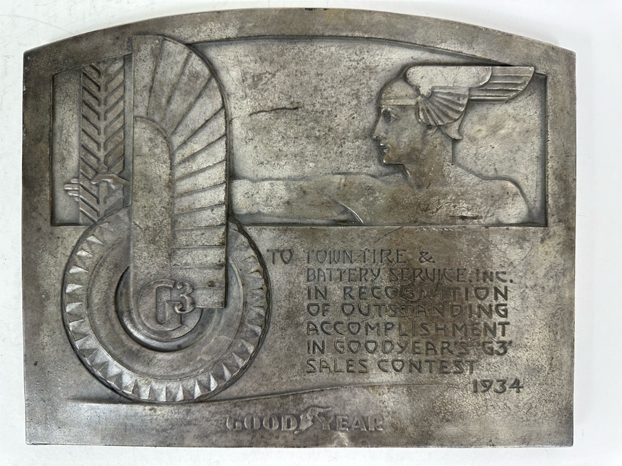 Impressive Vintage Art Deco Goodyear Tire Advertising Metal Wall Plaque To Town Tire & Battery Service, Inc In Recognition Of Goodyear's G3 Sales Contest 1934 11.5 X 9 [Photo 10]